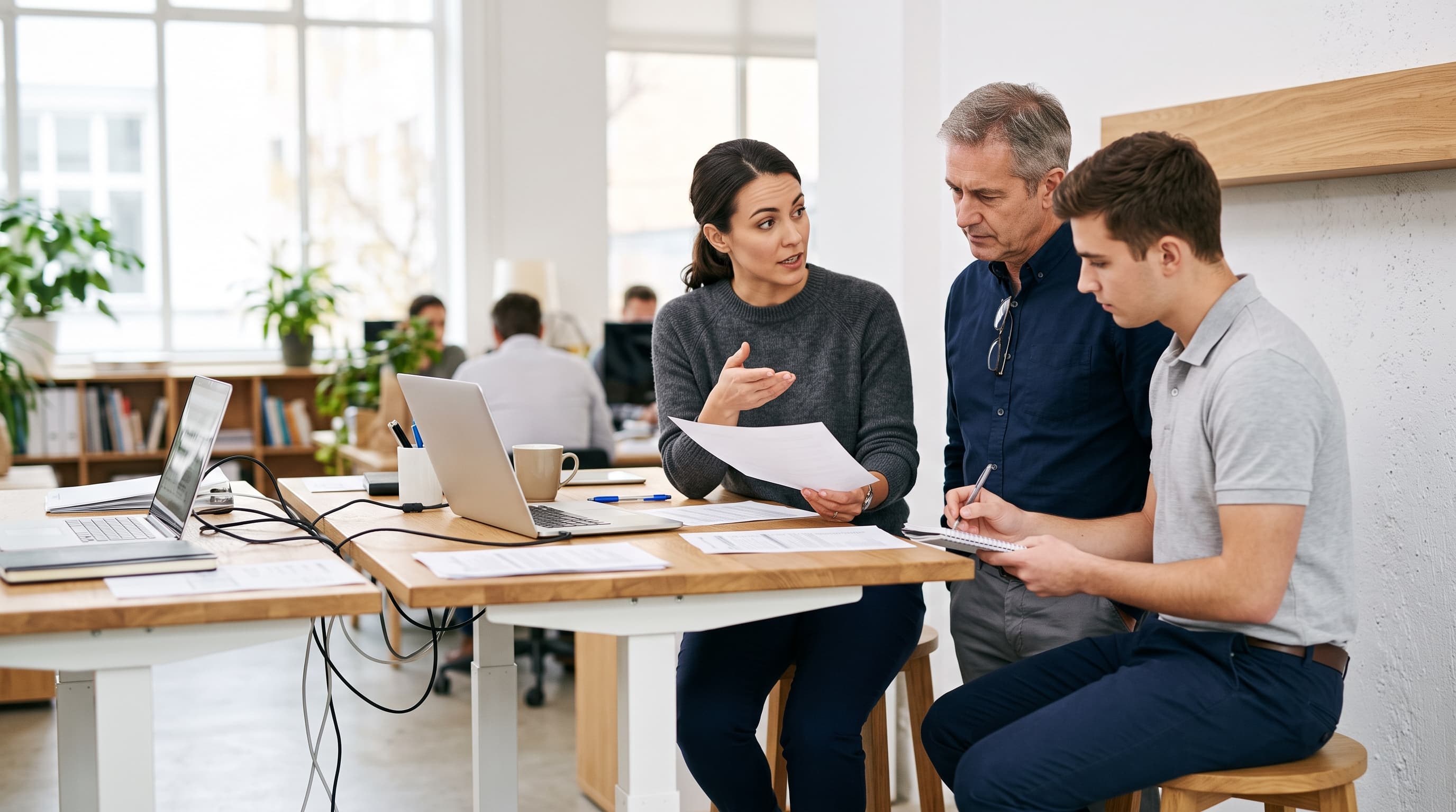 Kolleginnen und Kollegen besprechen gemeinsam Unterlagen im Büro